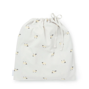 Light grey drawstring bag with small sheep pattern on a white background