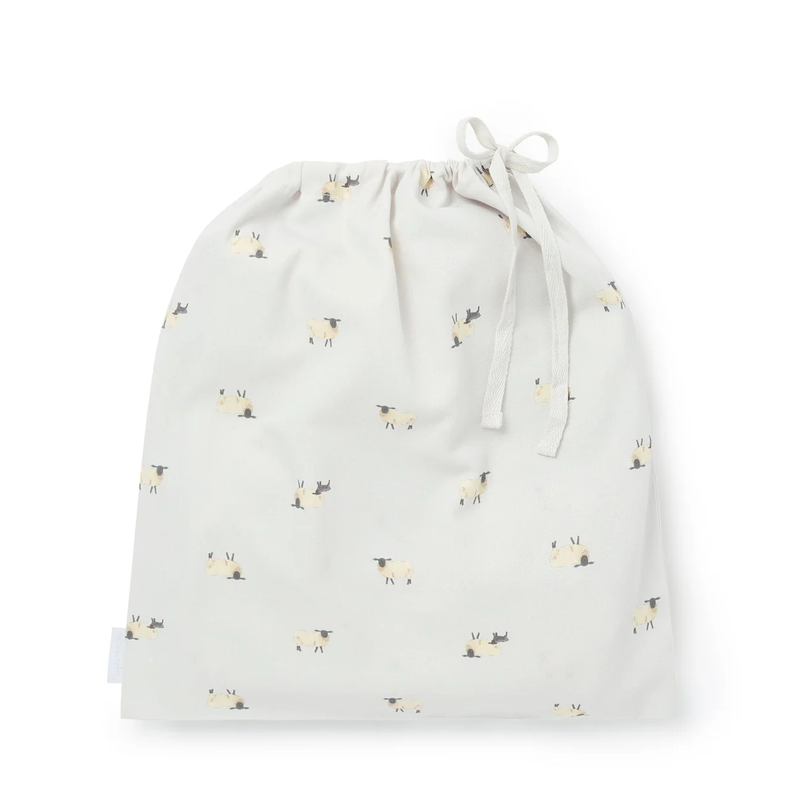 Light grey drawstring bag with small sheep pattern on a white background