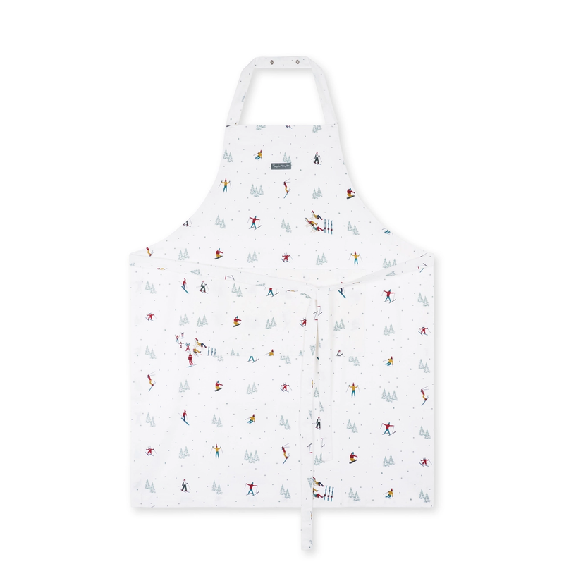 White apron with skiing pattern on a white background