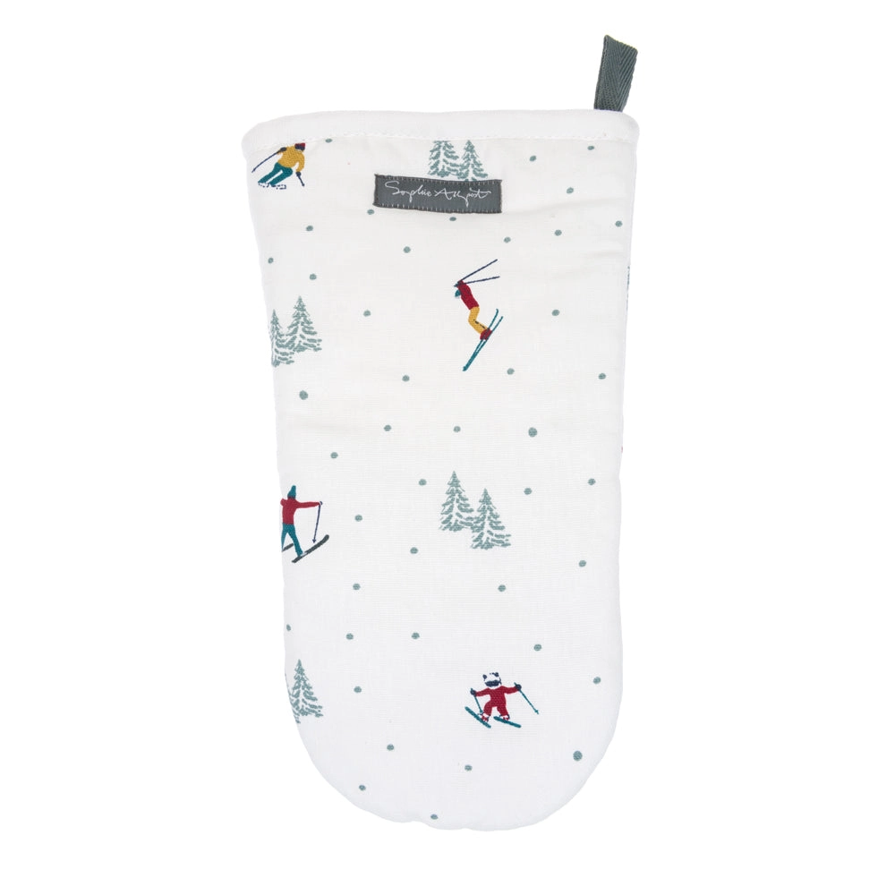 White oven mitt with skiing design on a white background