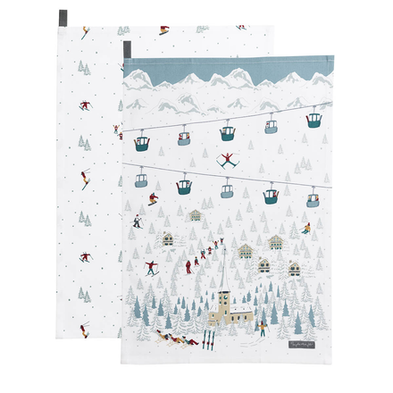 Winter scene with people skiing and a ski lift, printed on a white background.