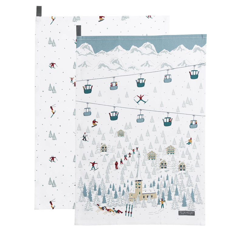 Winter scene with people skiing and a ski lift, printed on a white background.