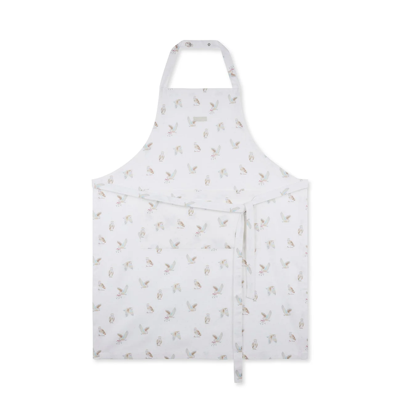 White apron with owl pattern on a white background