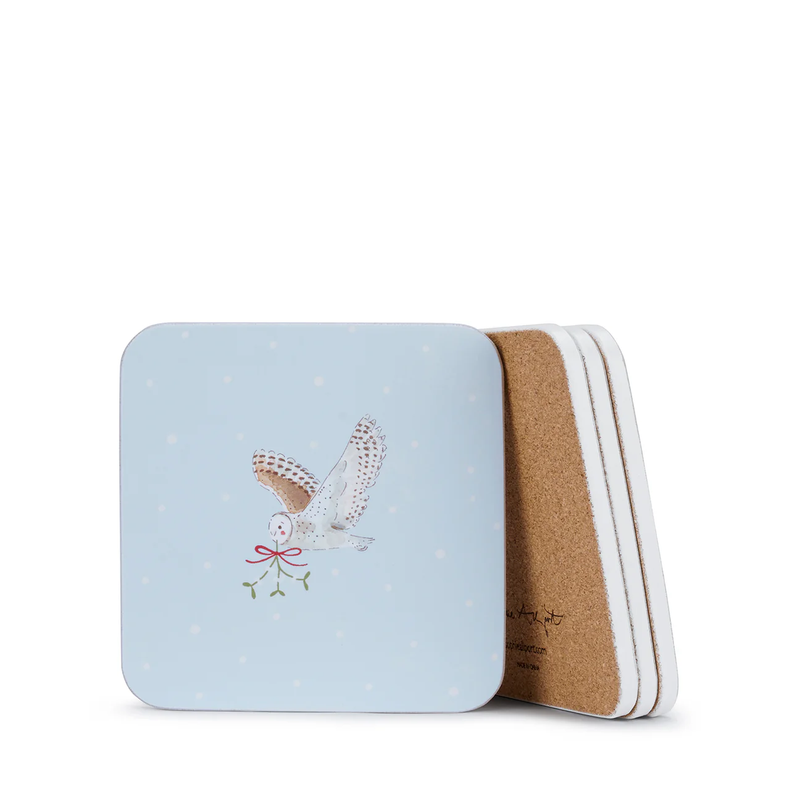 Light blue coaster set with cork backing on a white background
