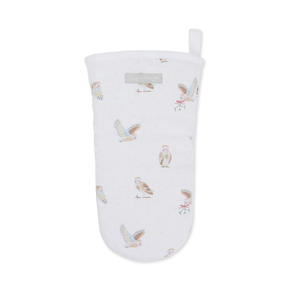 White oven mitt with owl pattern on a white background