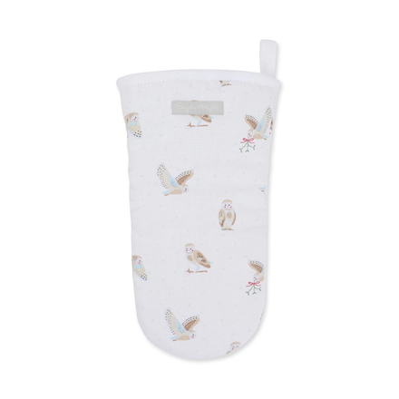 White oven mitt with owl pattern on a white background