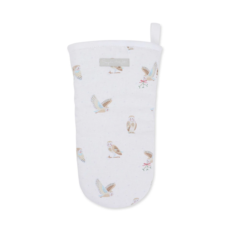 White oven mitt with owl pattern on a white background