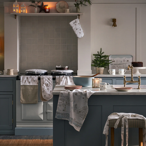 Modern kitchen with gray island, stove, and decorative elements.