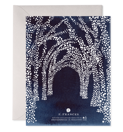 Greeting card with a tree design and E. Frances branding on a white background