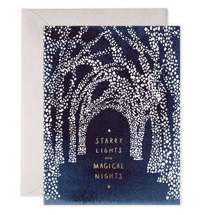 Greeting card with starry night design and 'Starry Lights and Magical Nights' text.