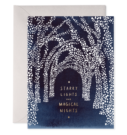 Greeting card with starry night design and 'Starry Lights and Magical Nights' text.