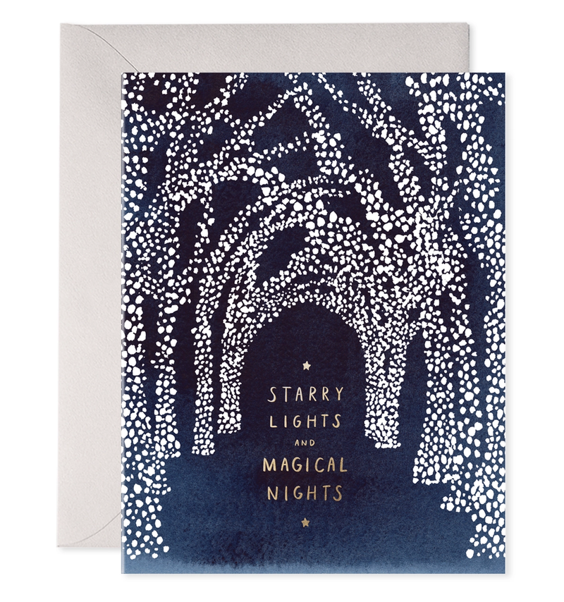 Greeting card with starry night design and 'Starry Lights and Magical Nights' text.