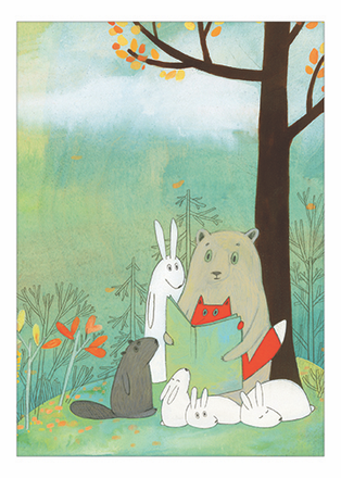 Card with animals in a forest with a tree and foliage.