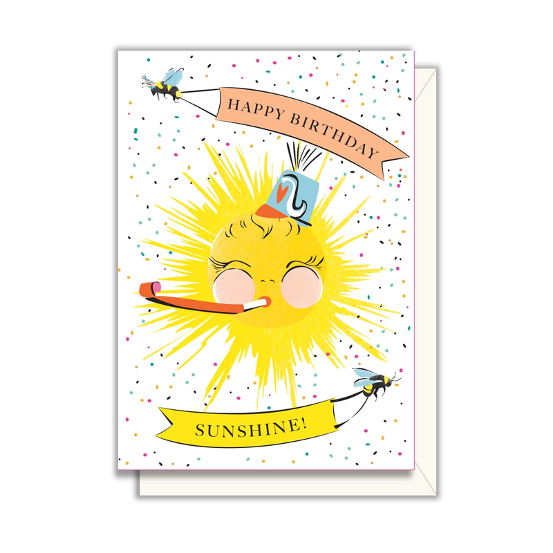 Birthday card with a sun character and 'Happy Birthday Sunshine!' text on a white background