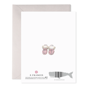 Greeting card with slippers illustration and E. Frances branding
