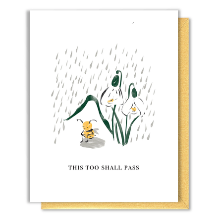Greeting card with a bee and flowers illustration and 'This Too Shall Pass' text on a white background.