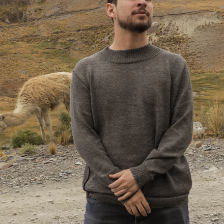 Man wearing a gray sweater standing in a mountainous landscape with a llama.
