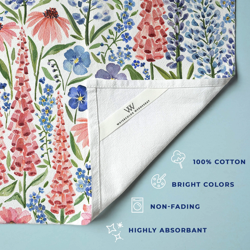 Floral-patterned towel with text highlighting features on a light blue background