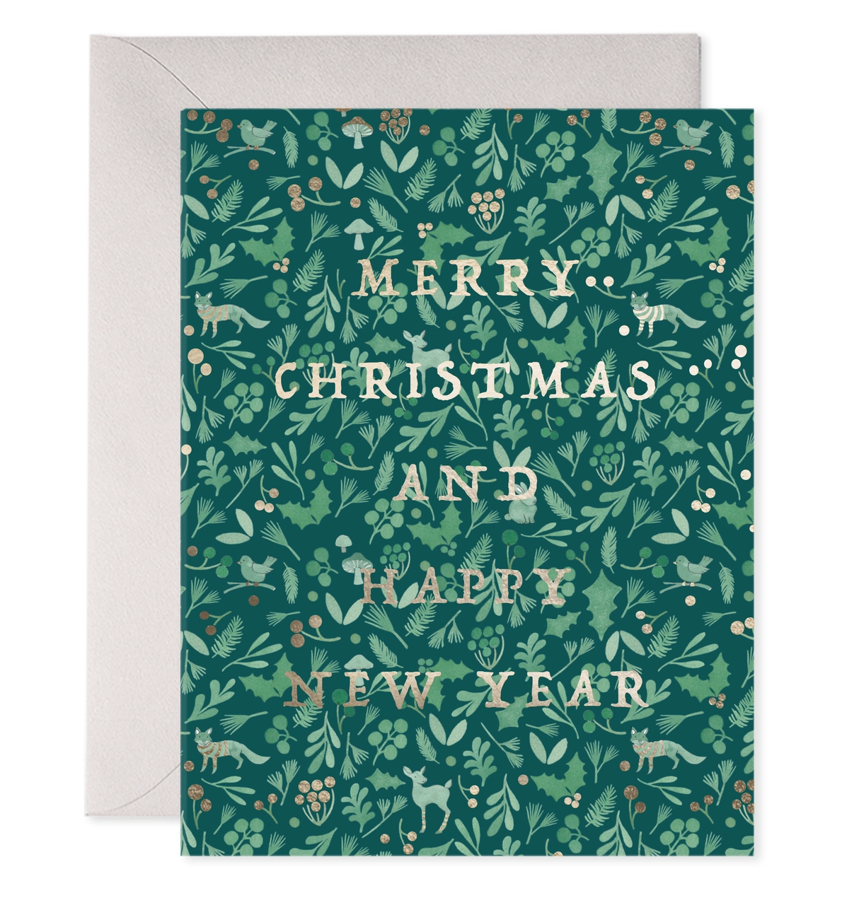 Christmas card with 'Merry Christmas and Happy New Year' text on a green foliage pattern