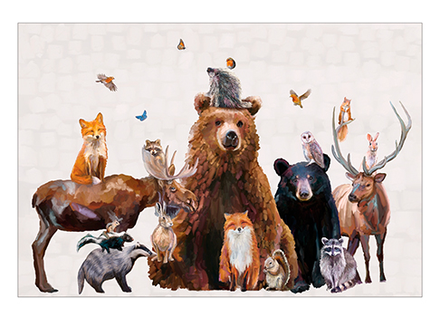Illustrated card of various forest animals including a bear, deer, and foxes on a light background.