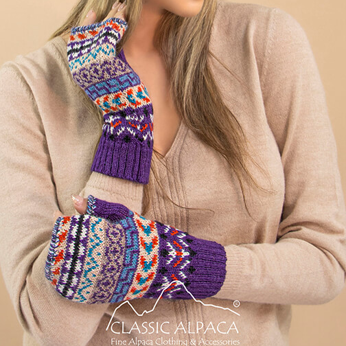 Woman wearing a colorful knit hat, scarf, and mittens with 'Classic Alpaca' branding on a beige background.