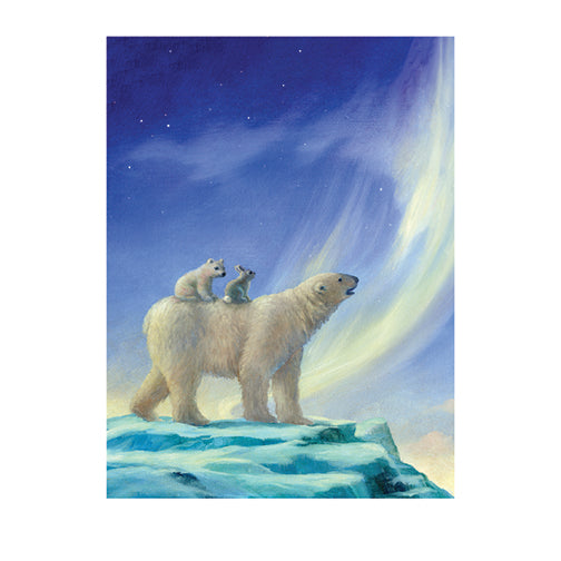 polar bear, bunny on ice night sky, northern lights