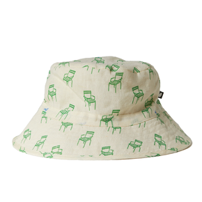 Oeuf Kid Hat - 50% cotton, 50% linen blend for summer, white hat with green chair print on a white background
