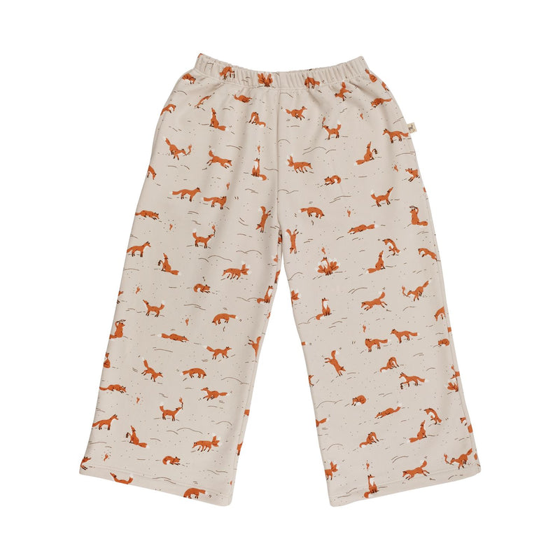 Red Caribou Kids' French Terry Pants - off white wide-legged pants with elastic waist and fox print on a neutral background