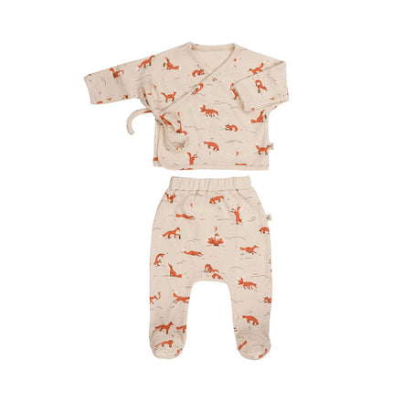 Red Caribou Babies Kimono Top and Footed Pants Set - off white long sleeve kimono top and footed pants set with fox print on a neutral background