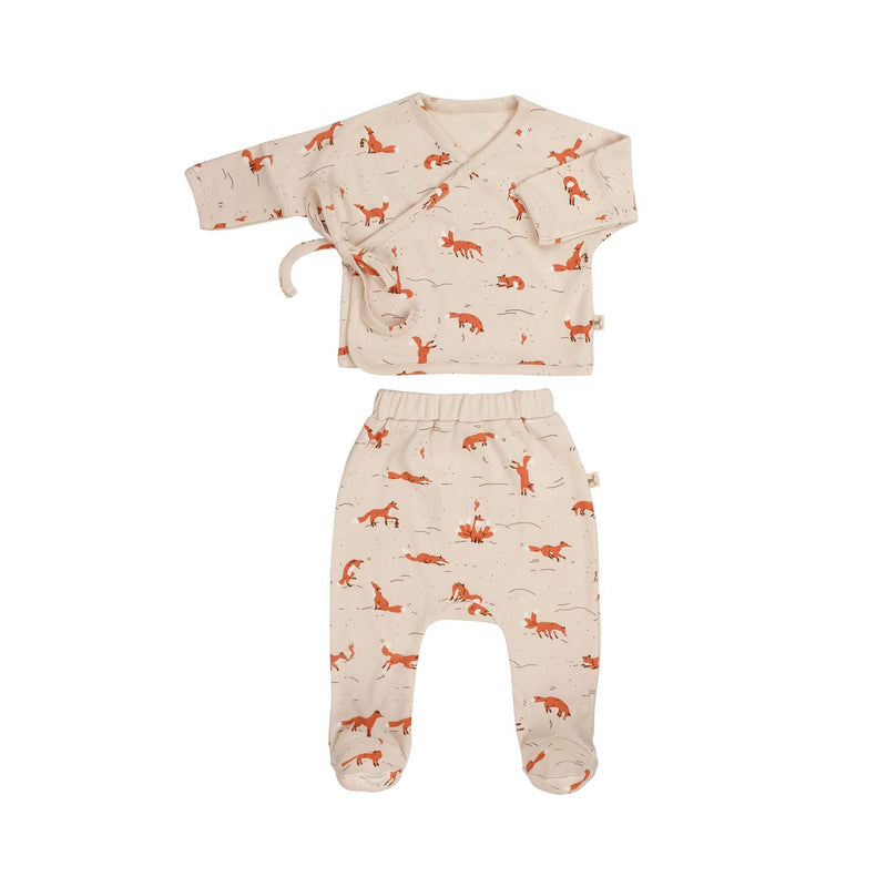 Red Caribou Babies Kimono Top and Footed Pants Set - off white long sleeve kimono top and footed pants set with fox print on a neutral background