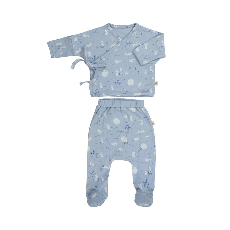 Red Caribou Babies Kimono Top and Footed Pants Set - light blue long sleeve kimono top and footed pants set with bunny print on a neutral background