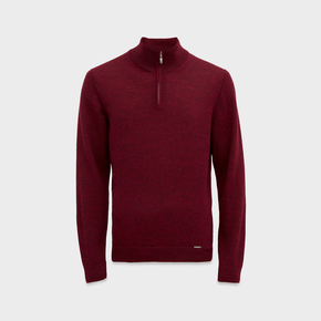 Maroon sweater with a quarter zip on a light gray background