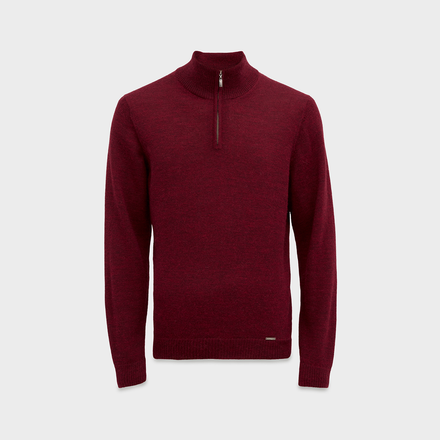 Maroon sweater with a quarter zip on a light gray background