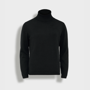 Black turtleneck sweater on a light gray background