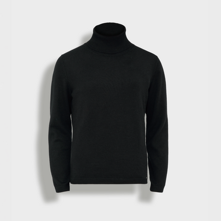 Black turtleneck sweater on a light gray background