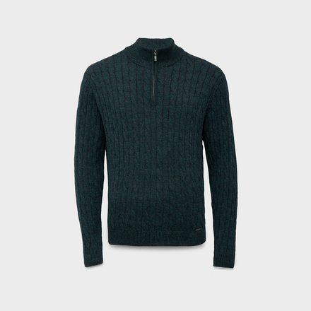 Dark green cable knit sweater with a quarter zip on a light gray background