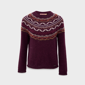 Burgundy sweater with a patterned neckline on a light gray background