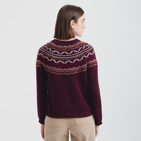 Person wearing a patterned burgundy sweater on a plain background