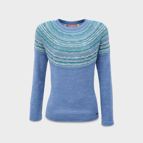 Blue sweater with a patterned neckline on a light gray background