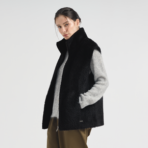Person wearing a black vest on a white background