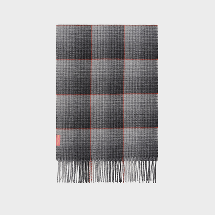 Plaid scarf with fringe on a light gray background