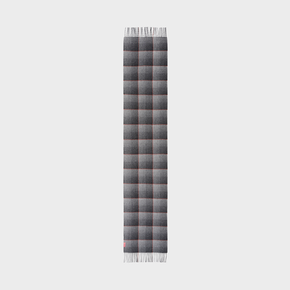 Grey plaid scarf with fringe and red accents on a neutral background.