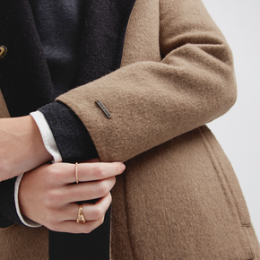 Close-up of a person wearing a brown coat with a white background