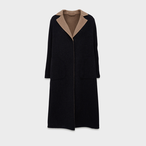 Black coat with brown collar on a light gray background
