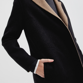 Black coat with a brown collar on a light gray background