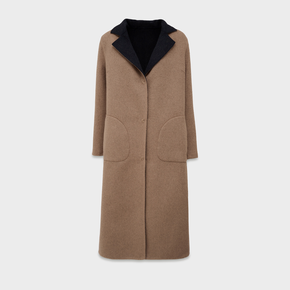 Brown coat with black collar on a light gray background
