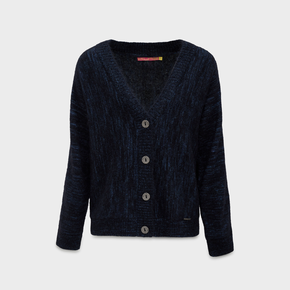 Dark blue cardigan with button details on a light gray background