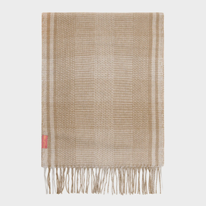 Beige plaid scarf with fringes on a light gray background