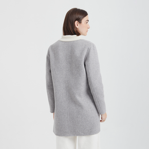 Person wearing a gray coat on a white background