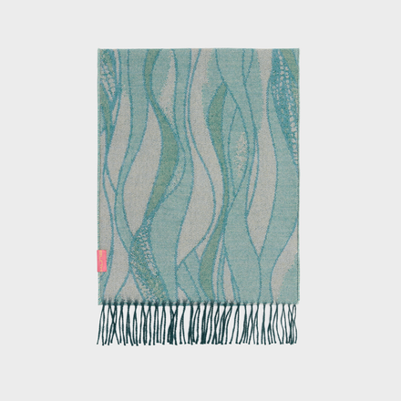 Teal and gray patterned scarf with fringes on a light gray background